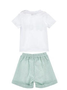 Boys | Set T-Shirt With Gingham Bermuda Shorts | White/Jade Green
