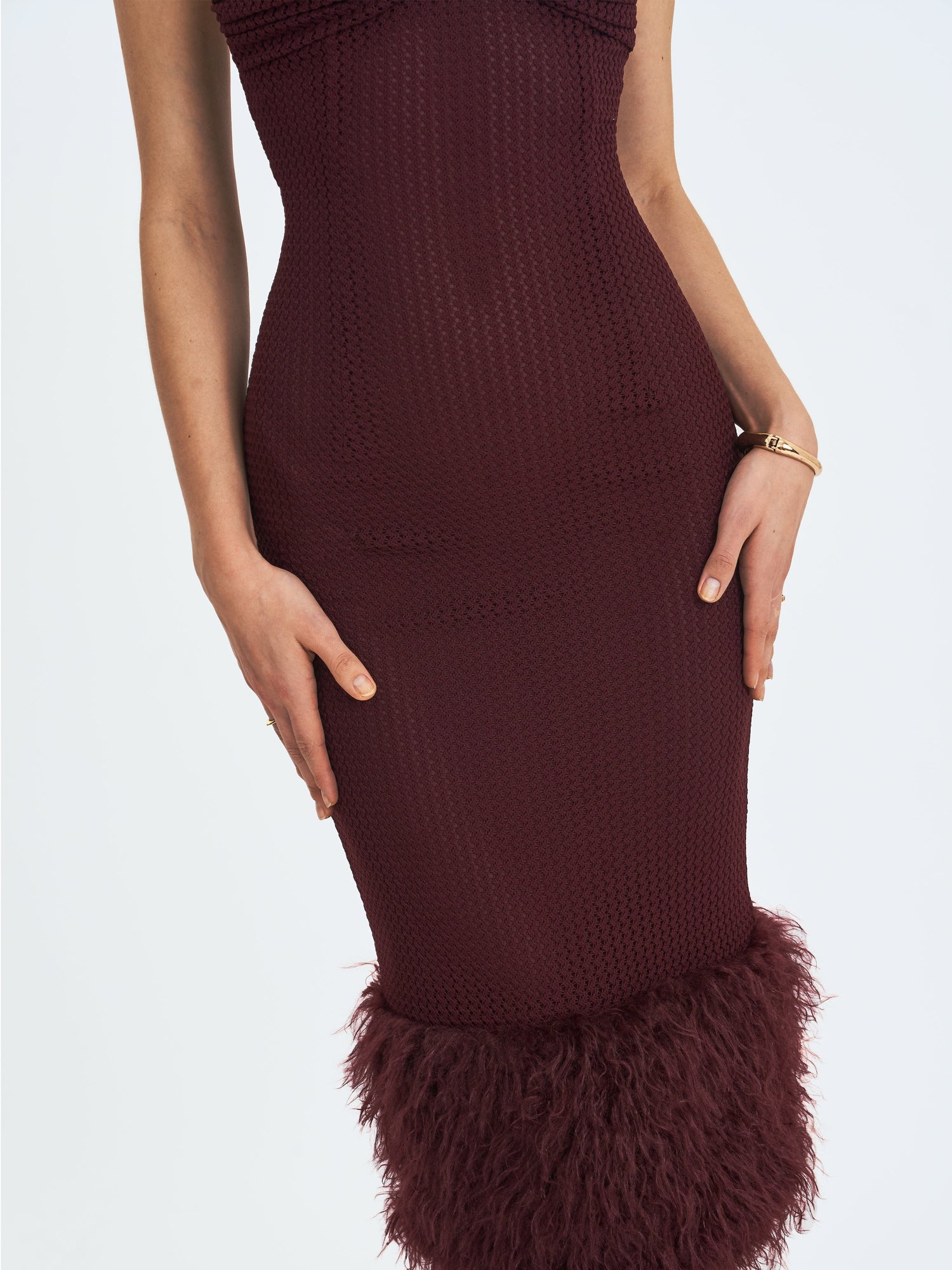 Pluma Halter Faux-Fur Trimmed Midi Dress | Maroon