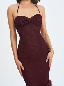 Pluma Halter Faux-Fur Trimmed Midi Dress | Maroon