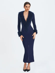 Romina Plunging Fur Trimmed Crochet Maxi Dress | Navy
