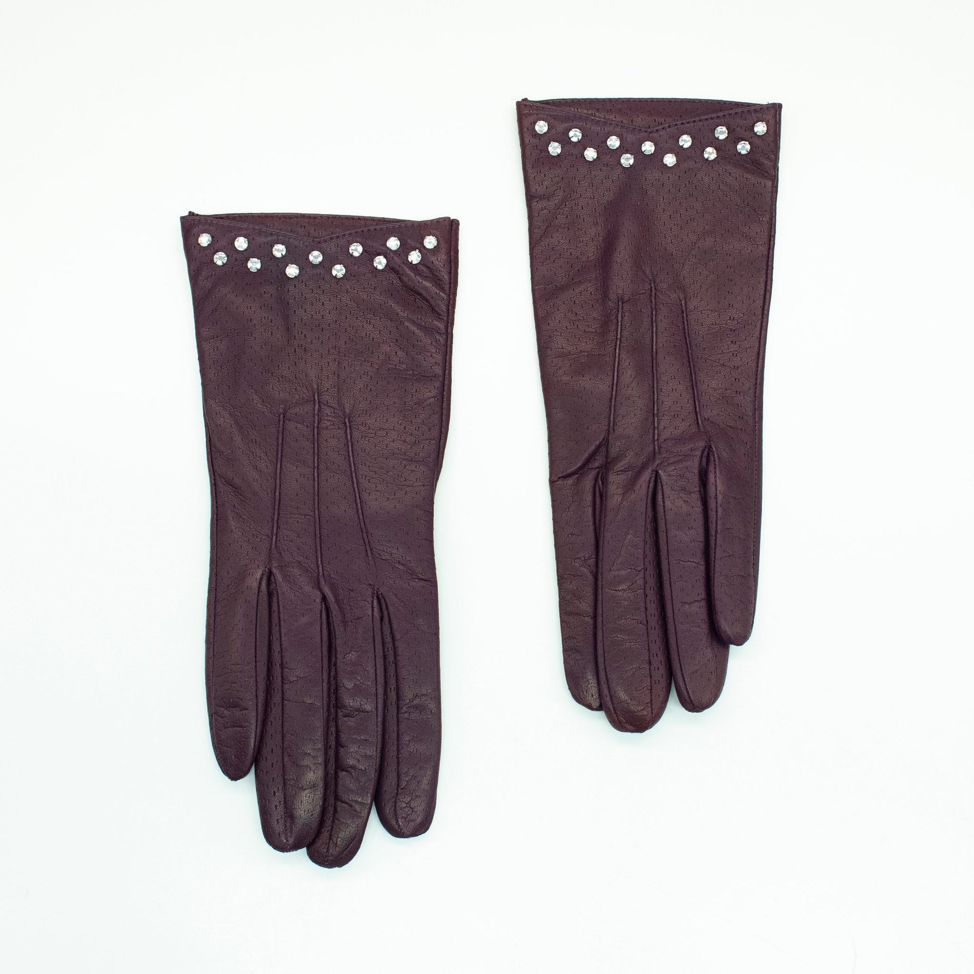 Leather Gloves With Stones On Cuff | Aubergine