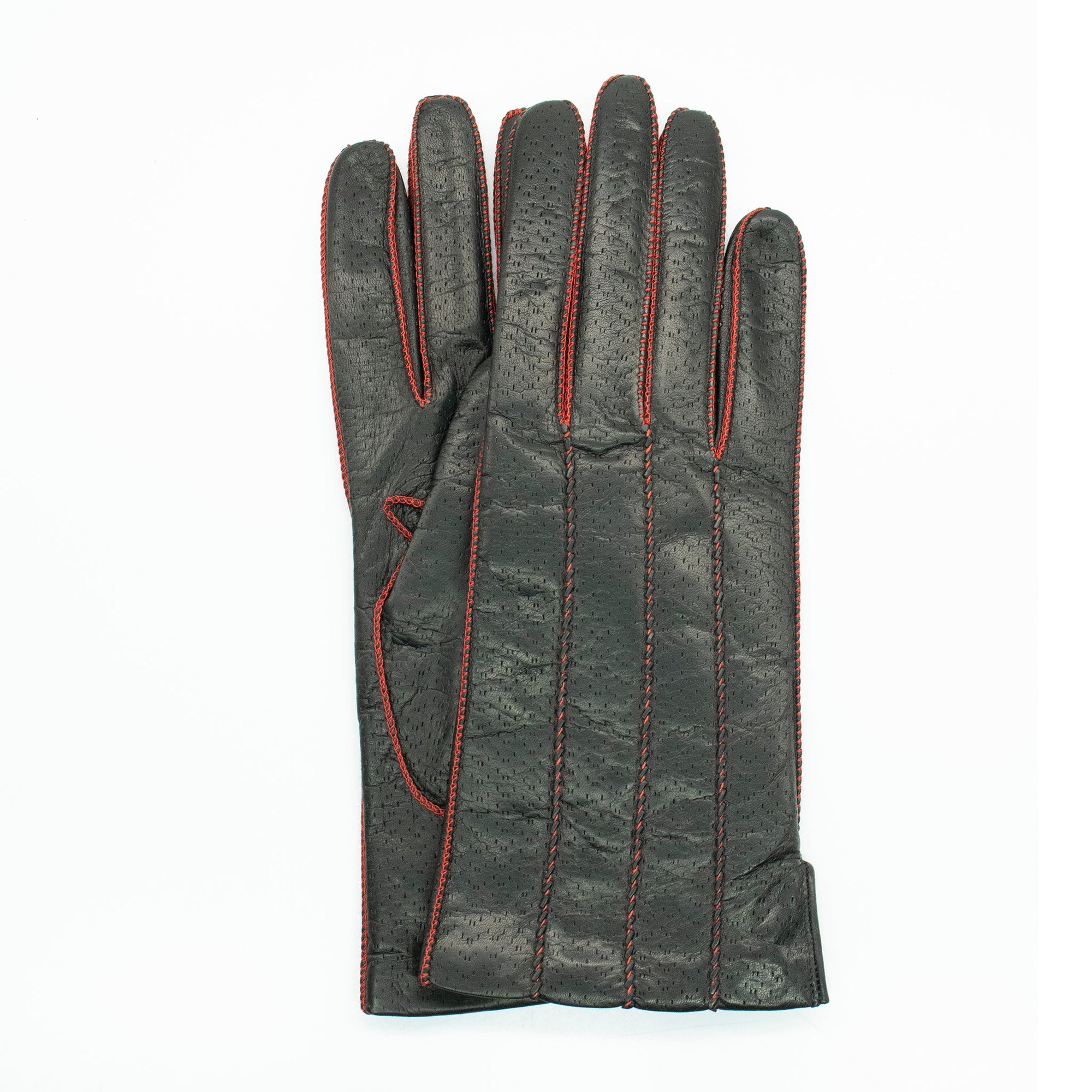 Leather Gloves With Contrast Color Stitches | Black/Orange