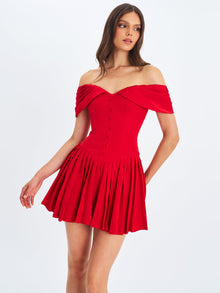 Narelle Off-Shoulder Sweetheart Drop Waist Mini Dress | Crimson