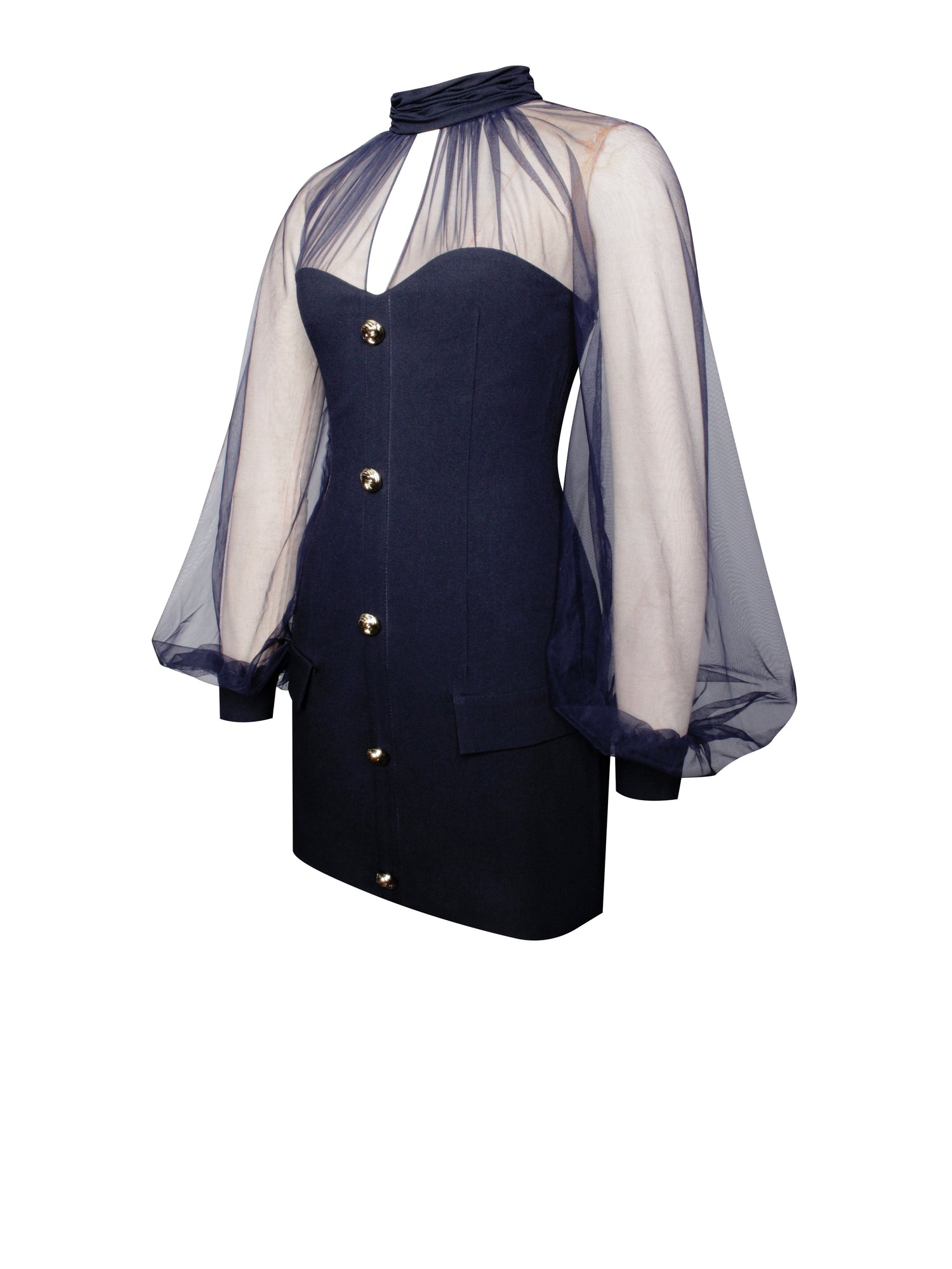Tabitha Mesh Lantern Sleeve Mini Dress | Navy Blue