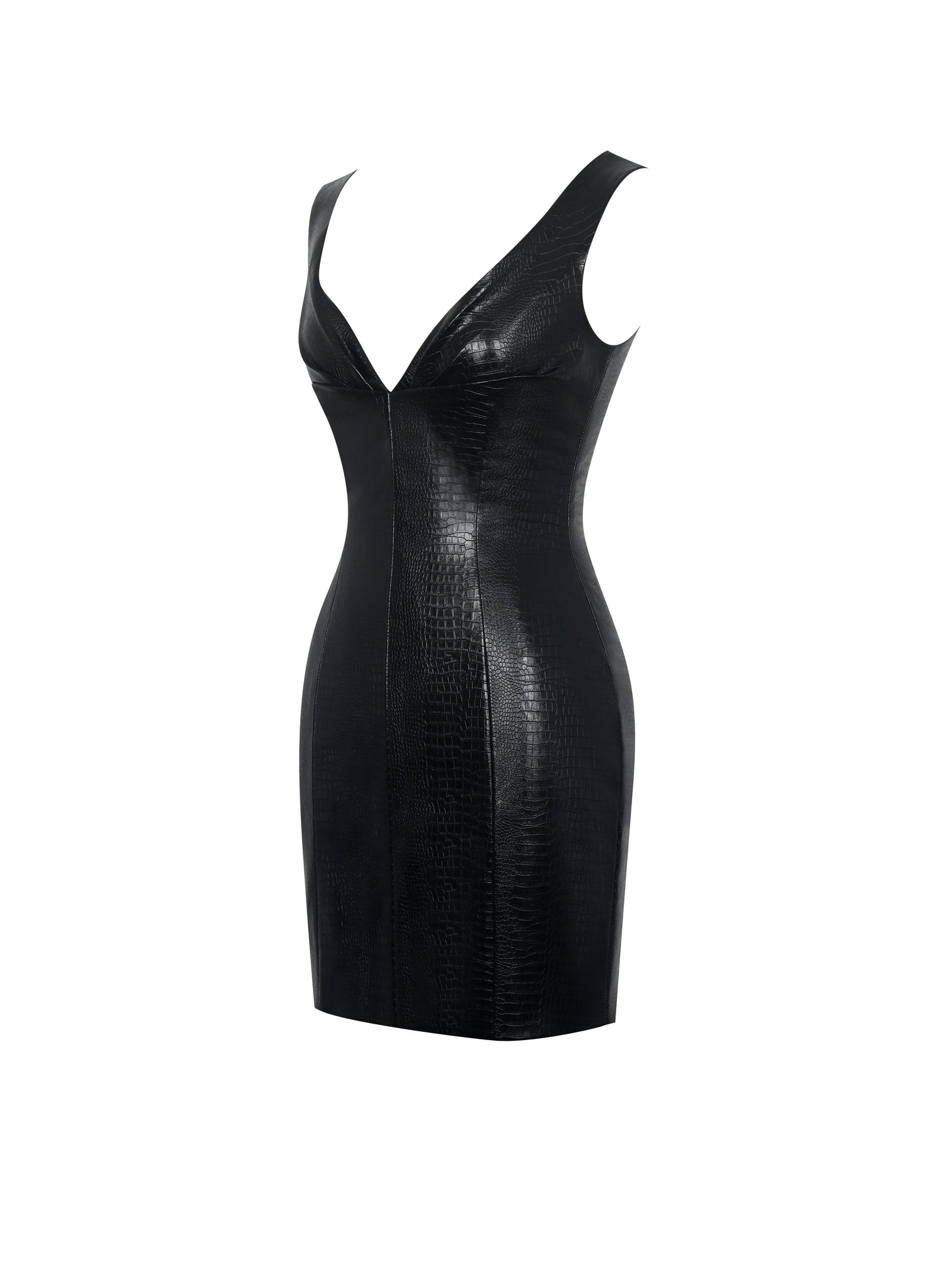 Quilia Vegan Crocodile Leather Plunge Mini Dress | Black