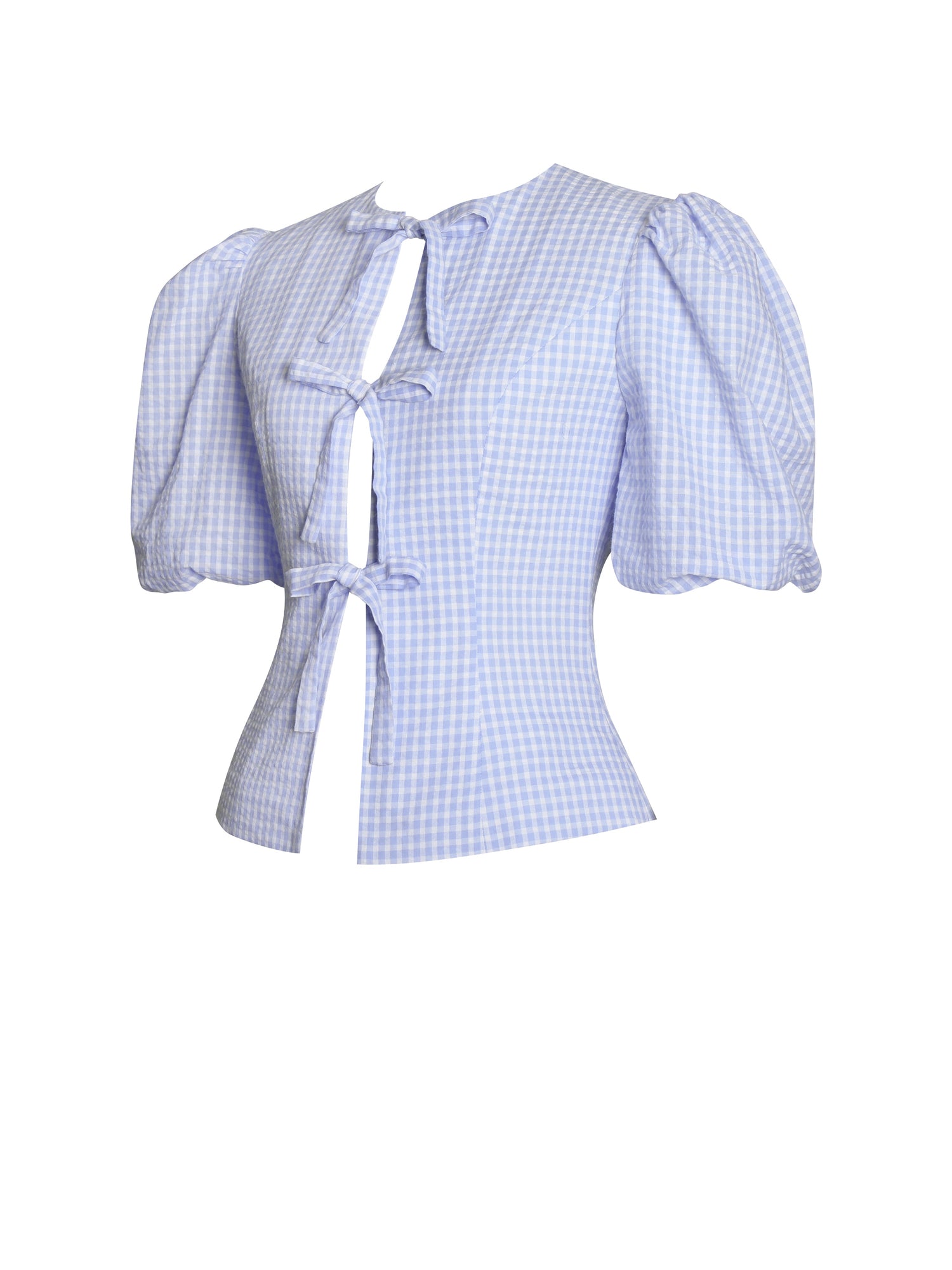 Qusayla Cotton Bubble Sleeve Bowtie Top | Baby Blue Gingham
