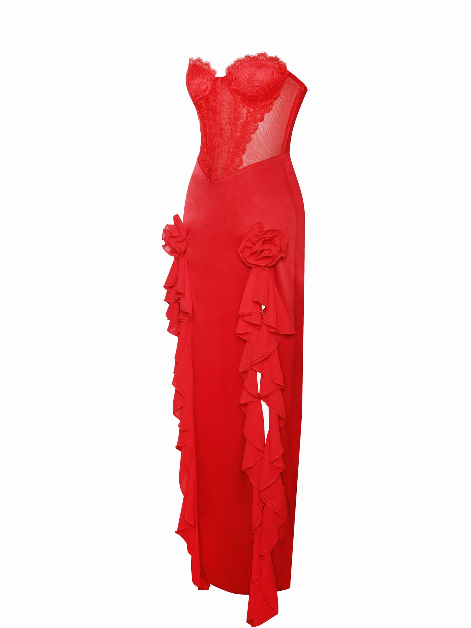 Talia Satin Lace Corset Maxi Dress | Red