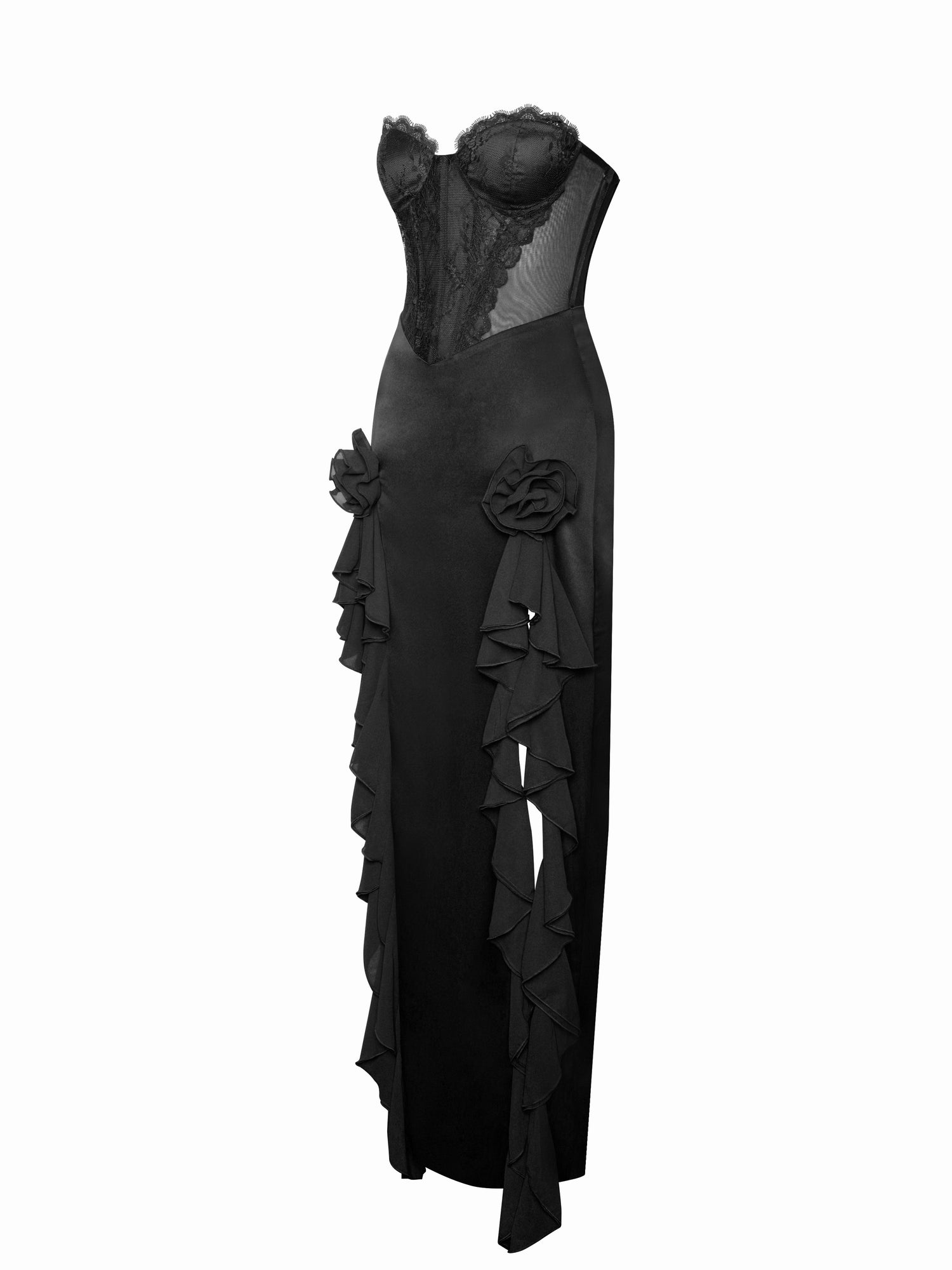 Talia Satin Lace Corset Maxi Dress | Black