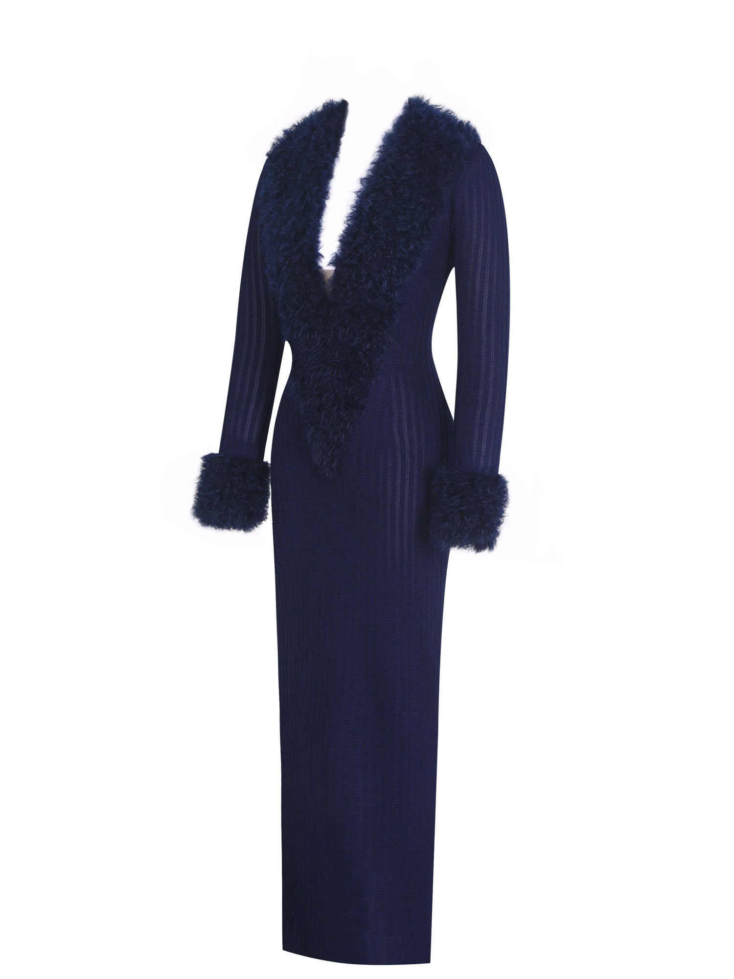 Romina Plunging Fur Trimmed Crochet Maxi Dress | Navy
