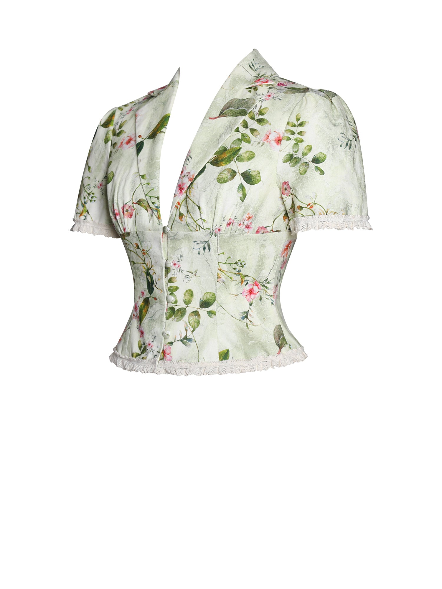 Zanella Floral Print Lace Trim Linen Top | Green