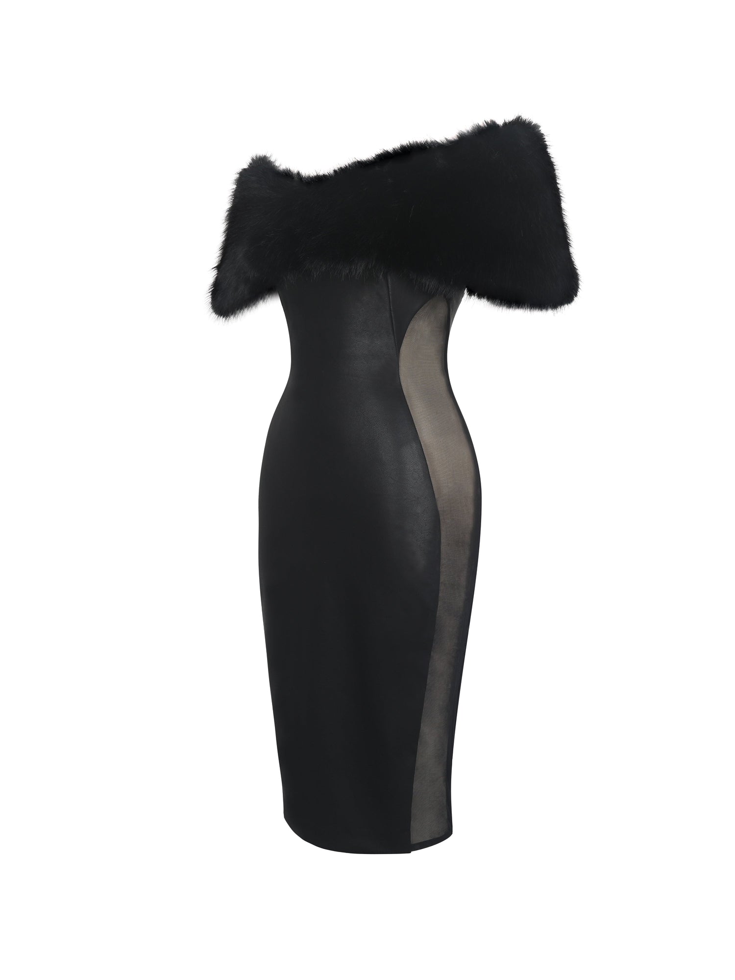 Bellis Fur Trim Mesh Panel Off-Shoulder Midi Dress | Black