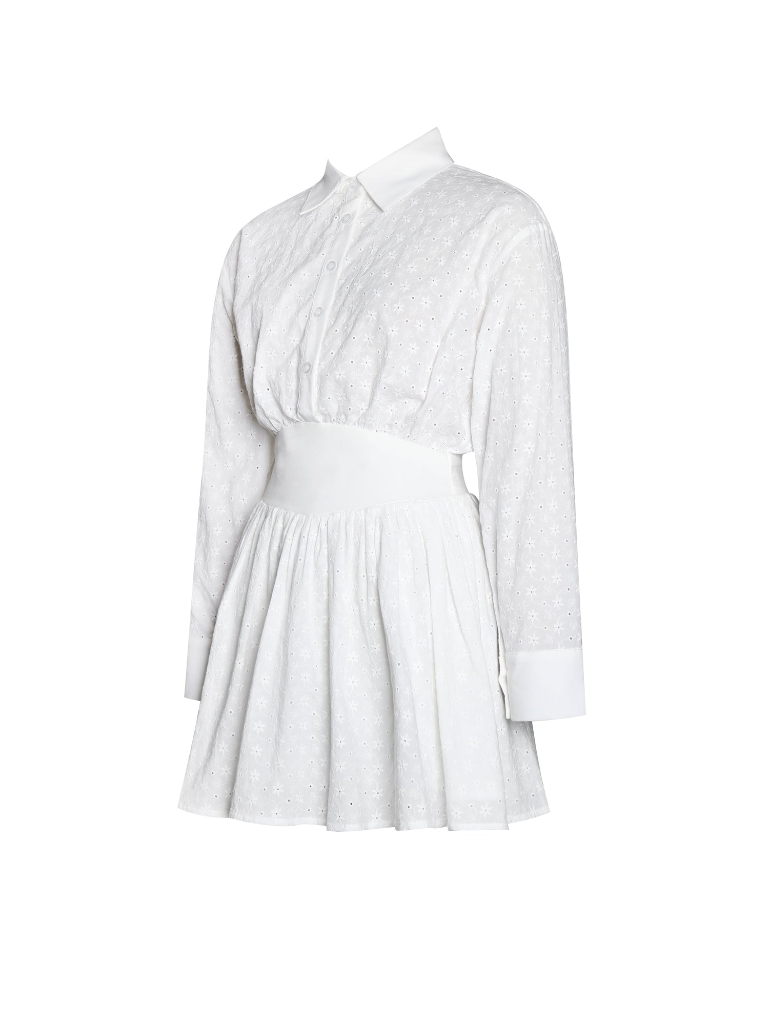 Gabriella Cotton Eyelet Button Up Long Sleeve Shirt Dress | White