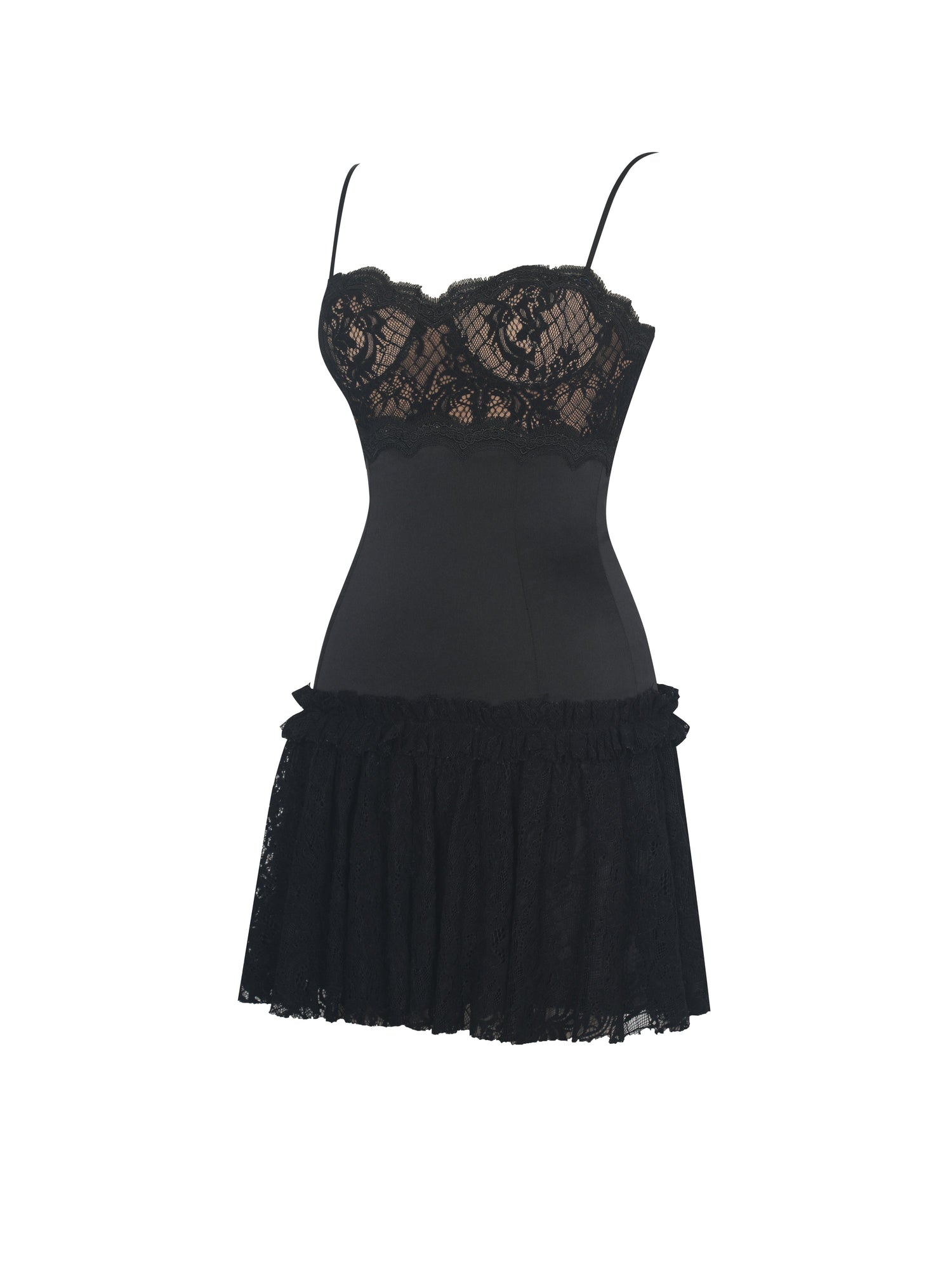 Umra Contrast Lace Sweetheart Gathered Mini Dress | Black
