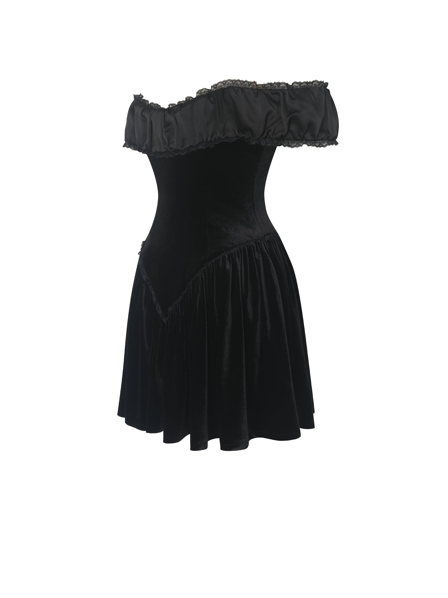 Daisha Lace Trimmed Off-Shoulder Ruched Mini Dress | Black
