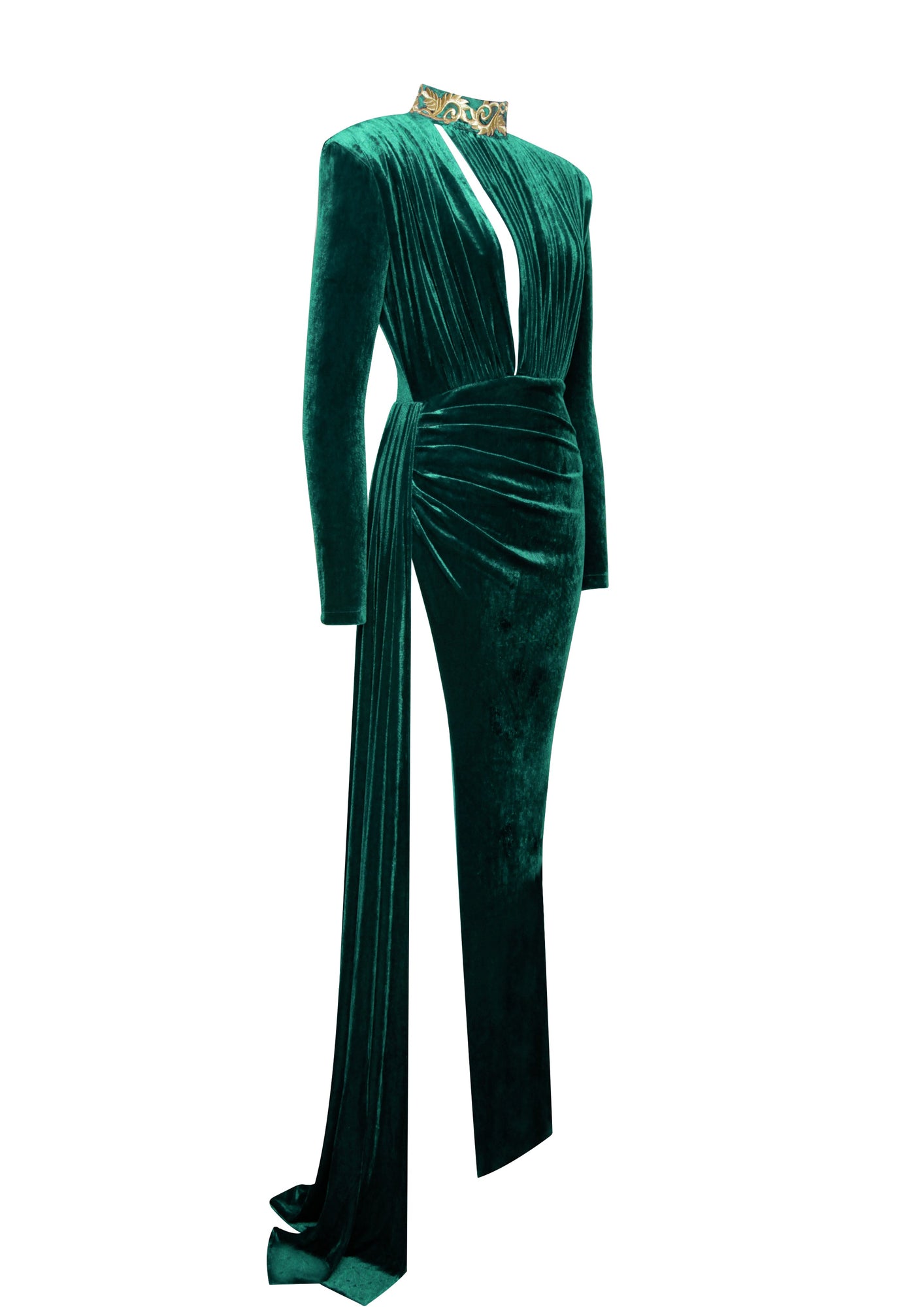 Zenaida Cutout High Slit Velvet Gown | Emerald Green