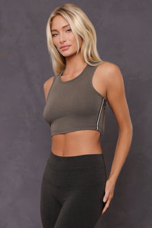 Women | Vintage Side Stripe Crop Racer Tank | Olive