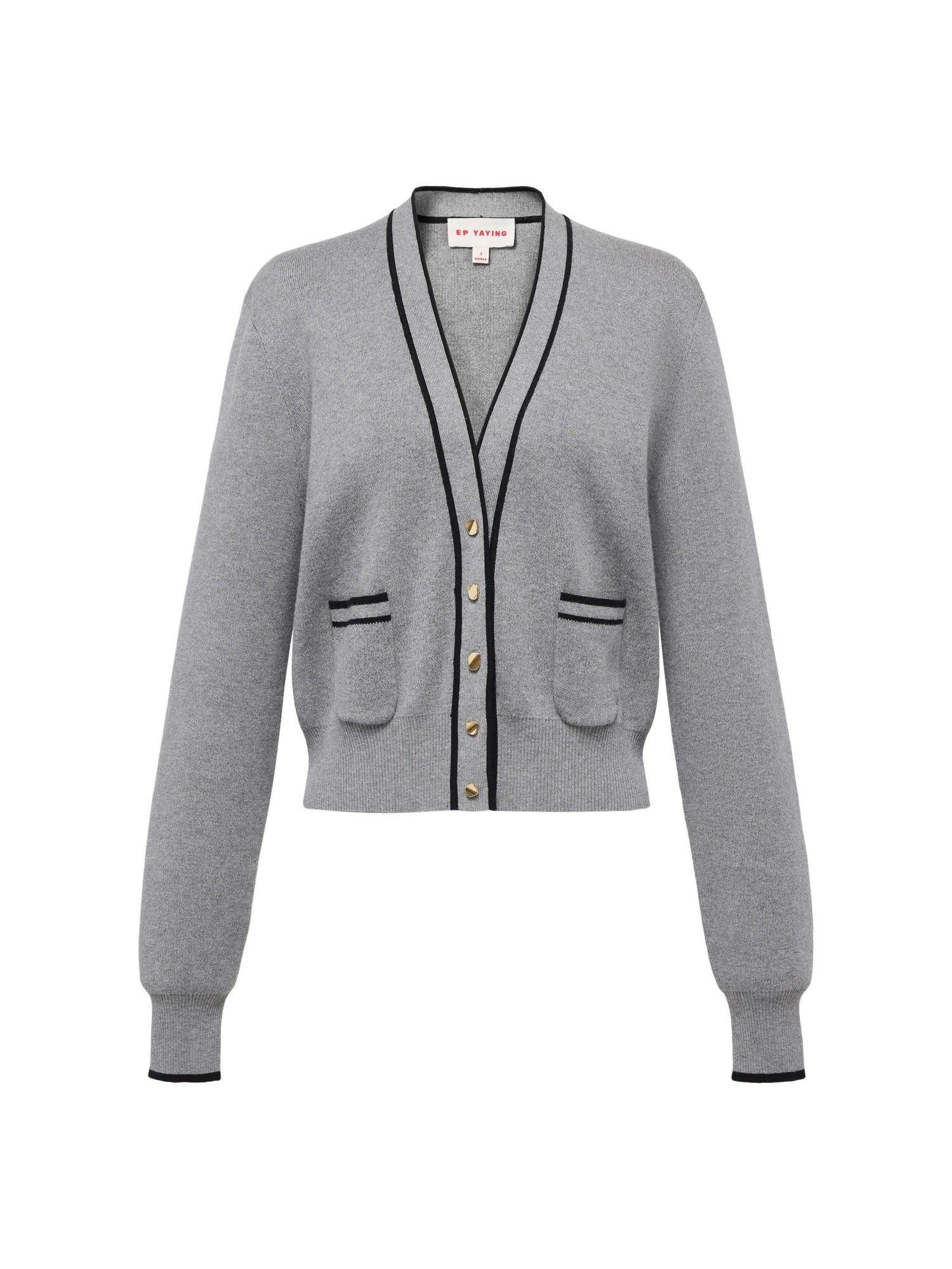 Cotton Cashmere Blended V-Neck Color-Block Knit Cardigan | Grey