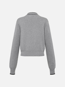 Cotton Cashmere Blended V-Neck Color-Block Knit Cardigan | Grey