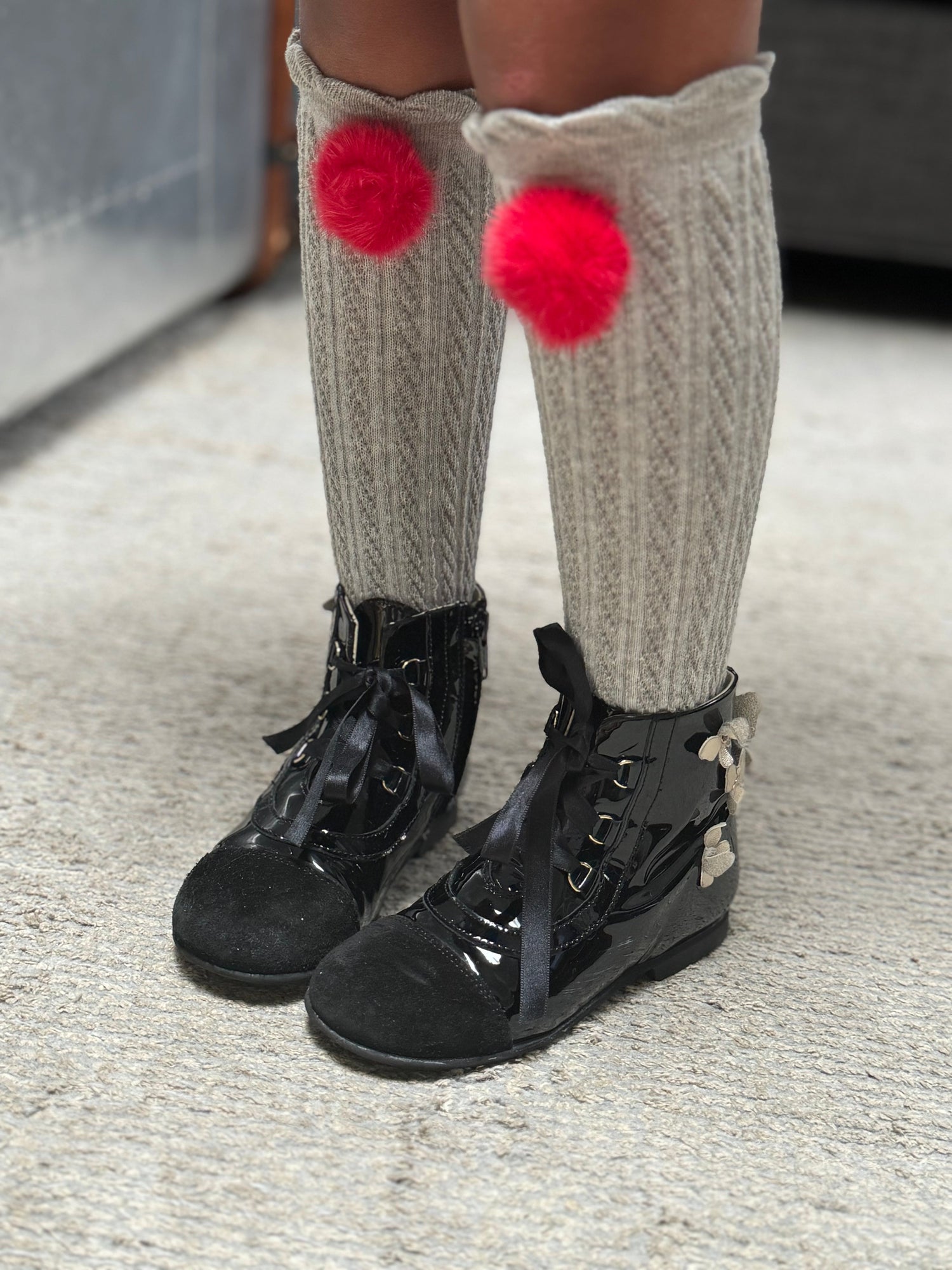 Grey Knee High Socks with Poms  | Red