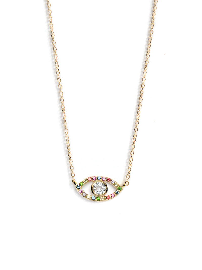 Classique Pave Evil Eye Necklace | Multicolor Sapphire/White Topaz | 14K Yellow Gold