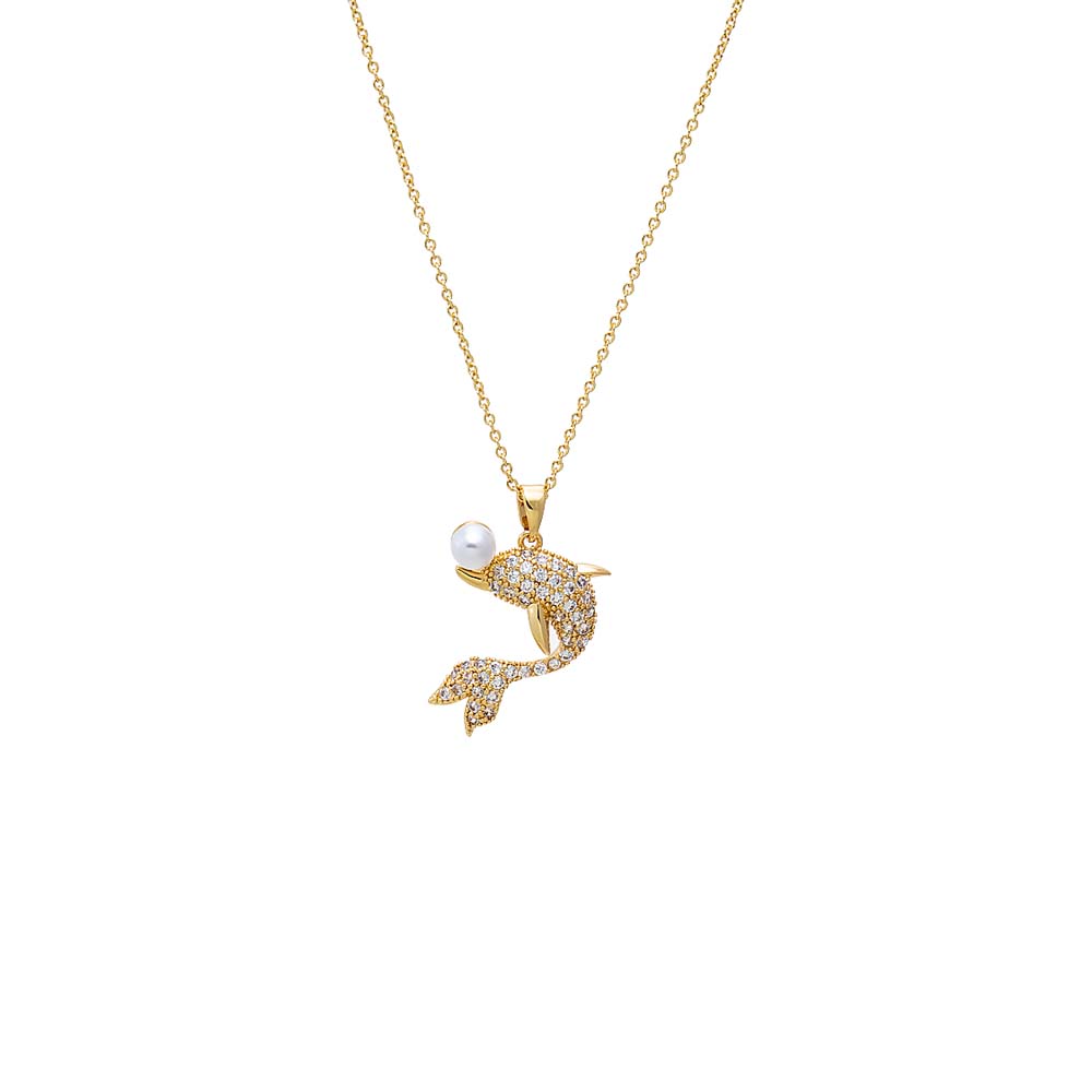 Gold Pave Dolphin Pearl Pendant Necklace - Adina's Jewels