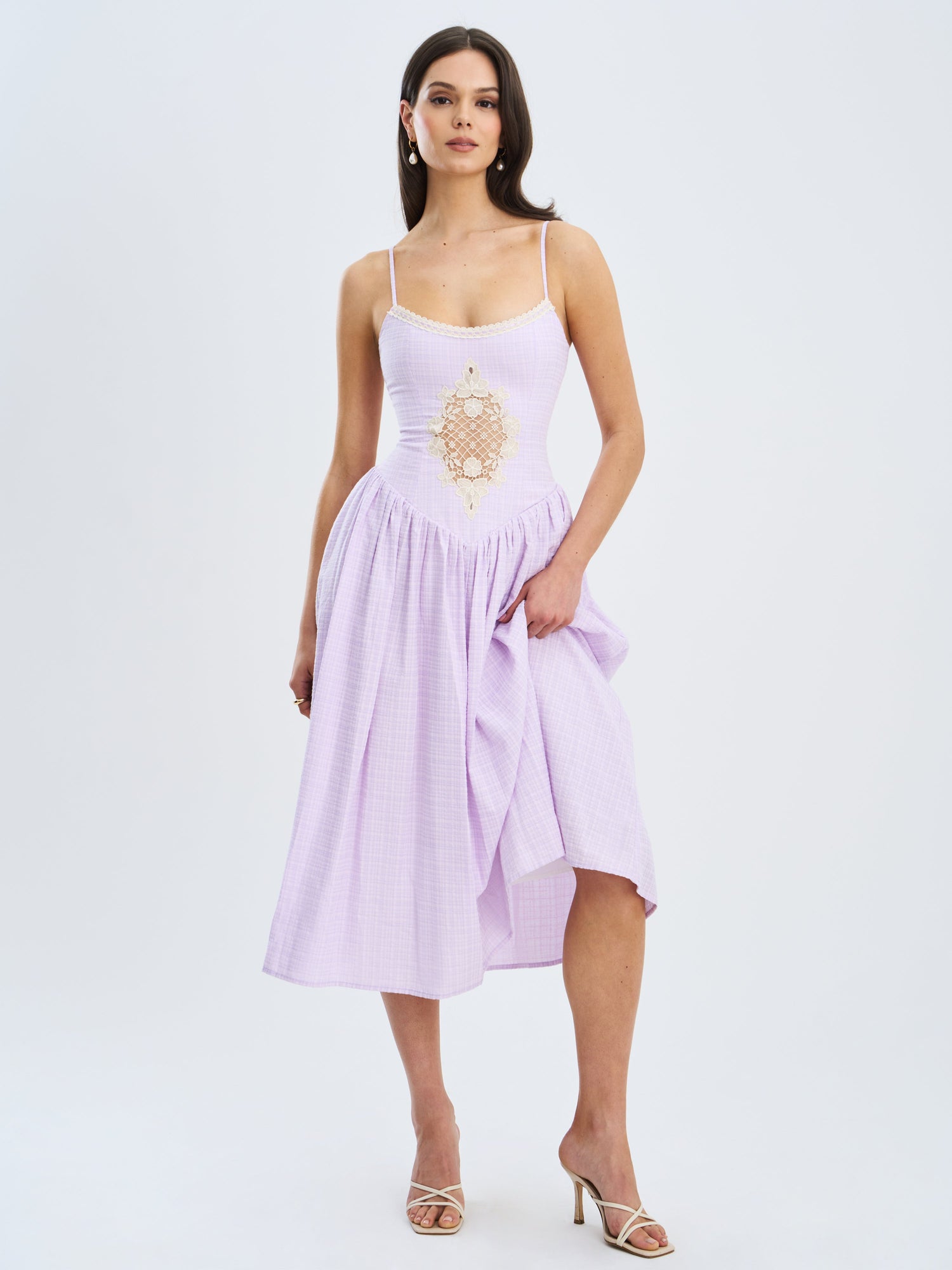 Jaclyn Lace Trim Cutout Seersucker Midi Dress | Lavender