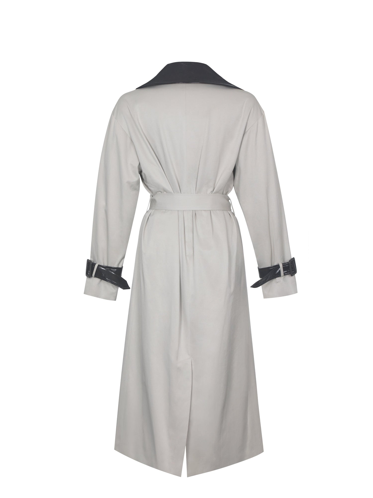 Umber Double-Breasted Faux Leather Lapel Trench Coat | Oyster