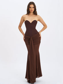 Giovana Sweetheart Draped Mesh Mermaid Maxi Dress | Espresso