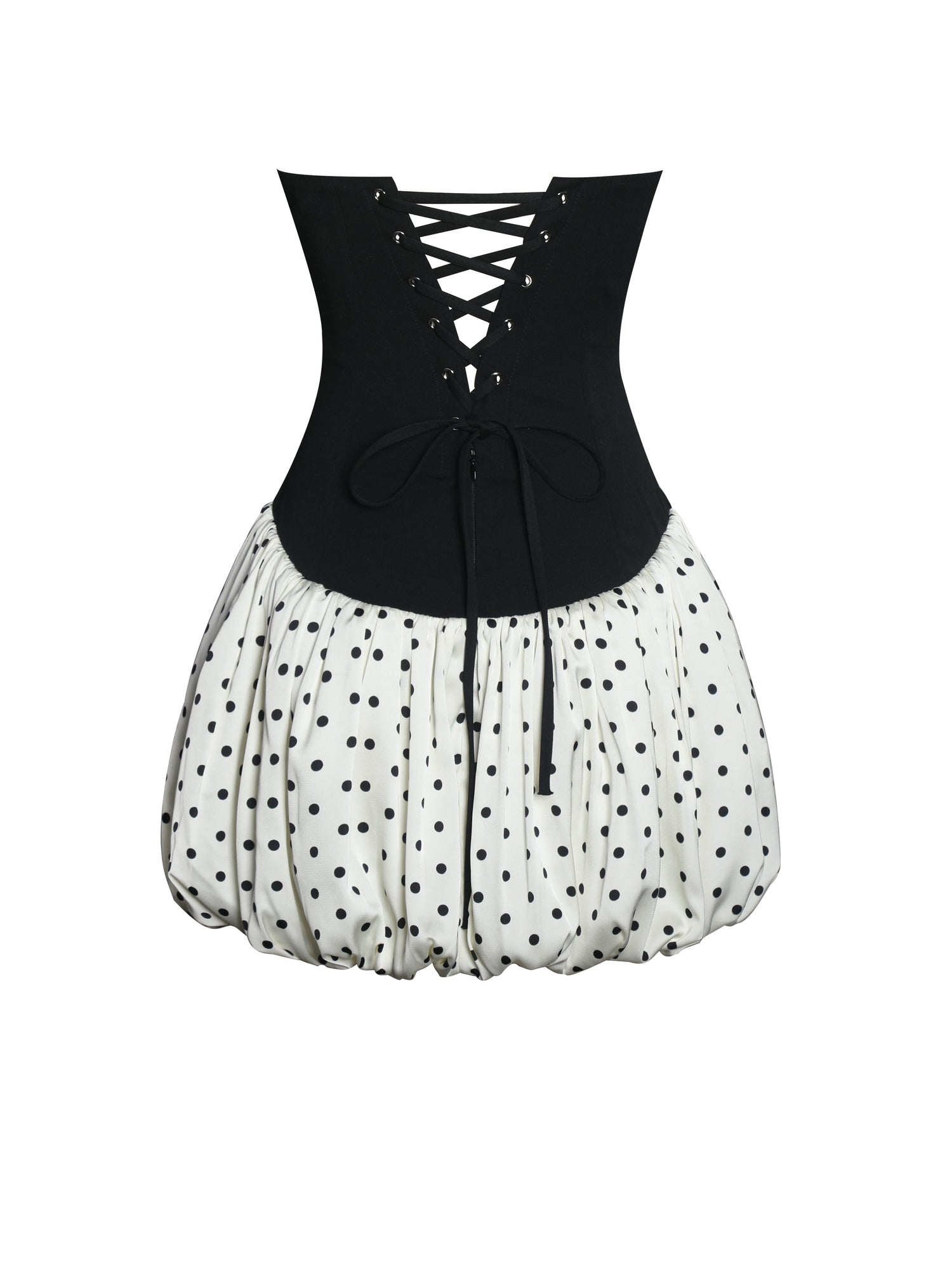 Dahliana Polka Dot Bubble Hem Corset Mini Dress | Black/Beige Polka Dot