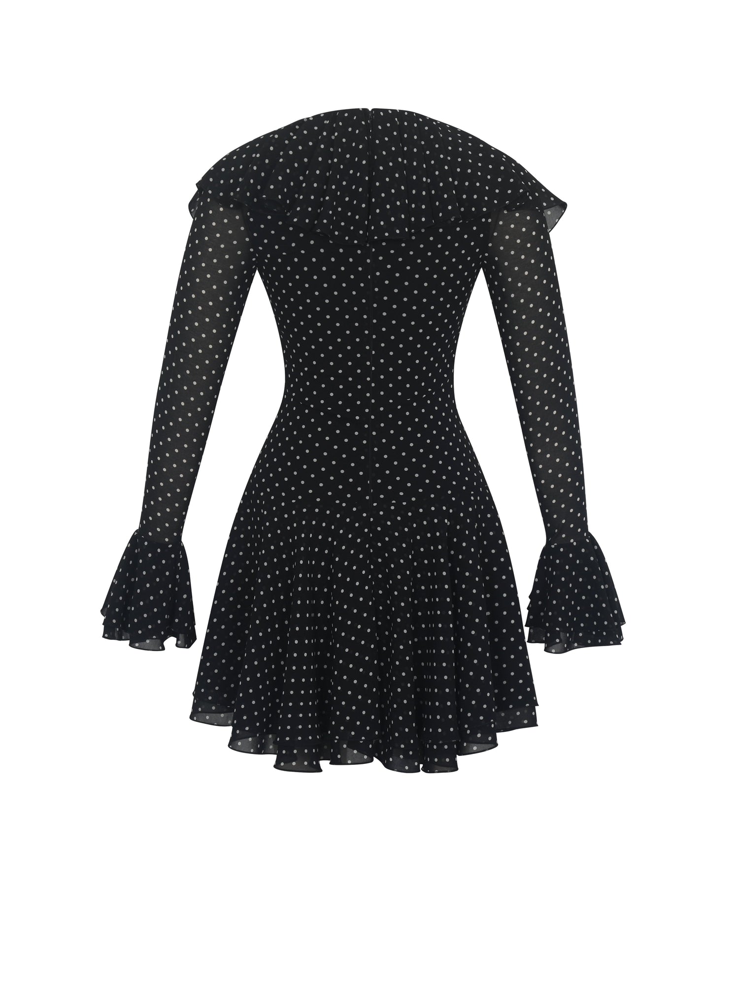 Omari Chiffon Polka Dot Ruffled Neckline Mini Dress | Black