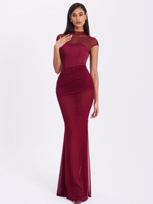 Fabienne Mesh Cap Sleeve Mermaid Gown | Burgundy