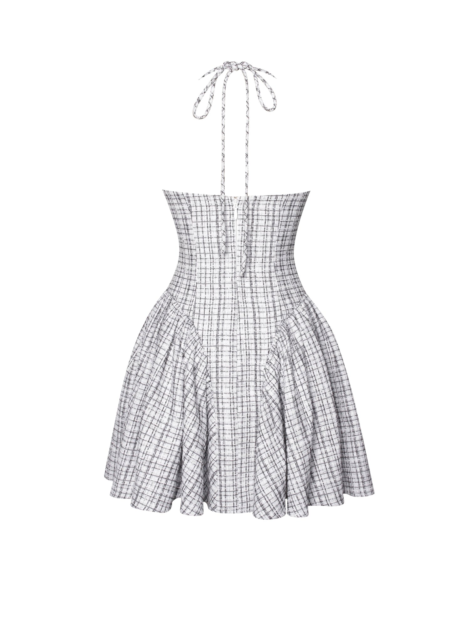 Melody Plaid Tweed Halter Drop Waist Mini Dress | Black and White