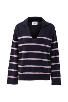 Cashmere V Neck Polo Collar Sweater | Navy/ Lavender