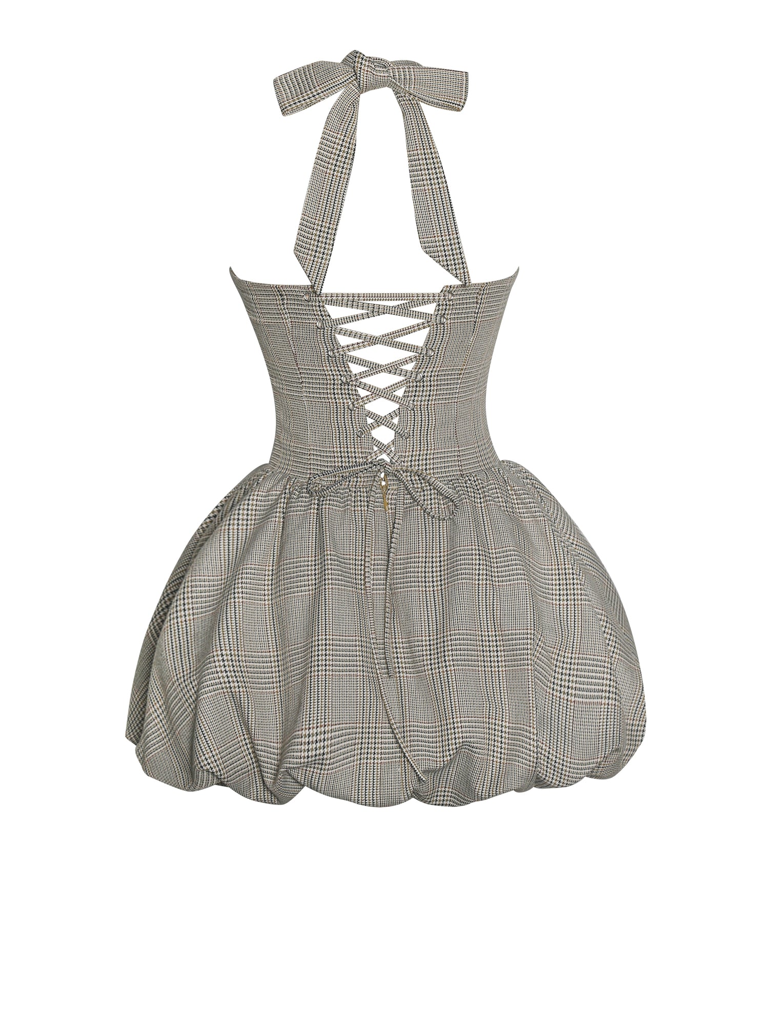 Dacia Plaid Halter Lace-up Bubble Mini Dress | Brown Plaid