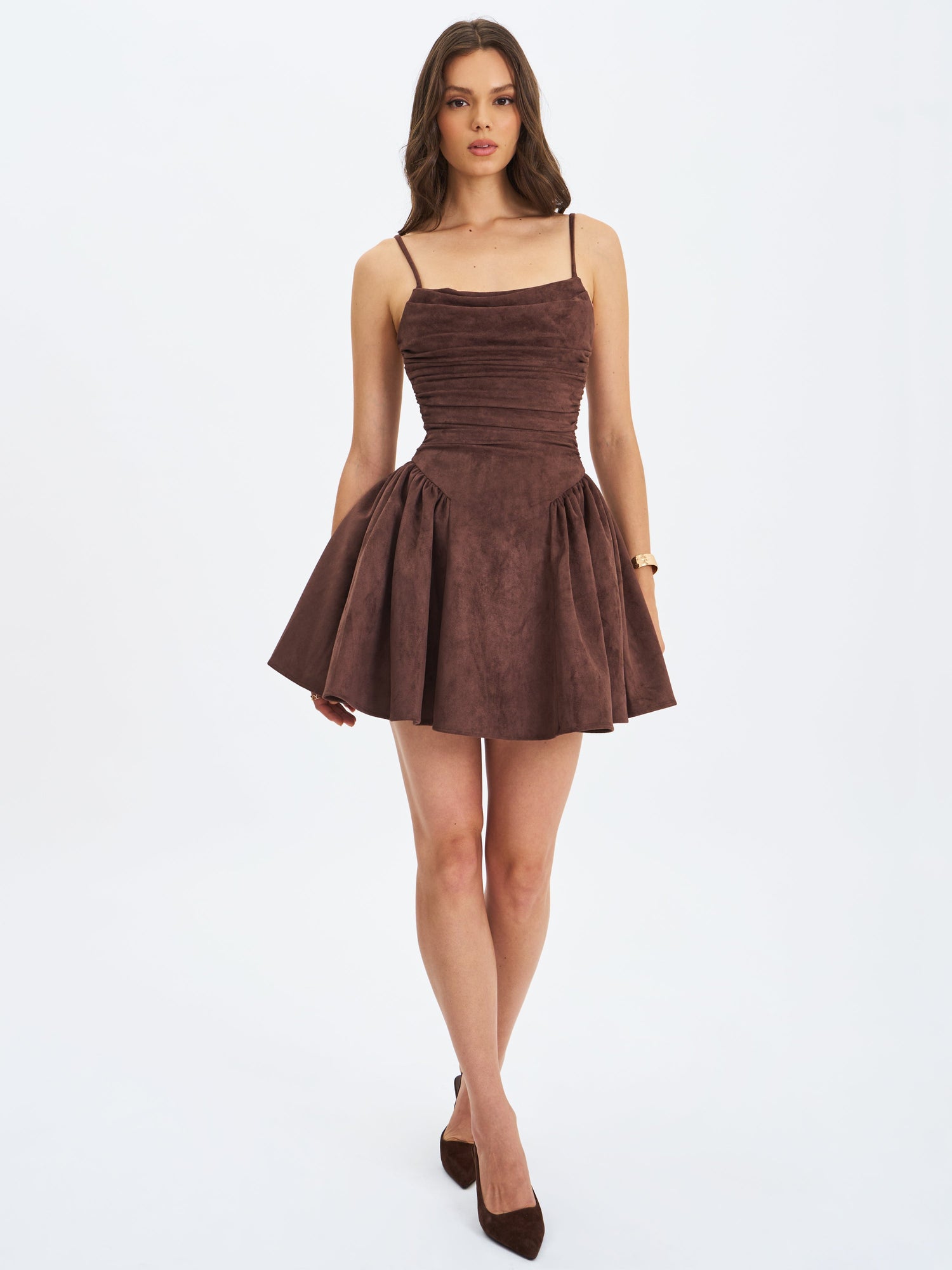Raisa Vegan Suede Ruched Mini Dress | Mahogany
