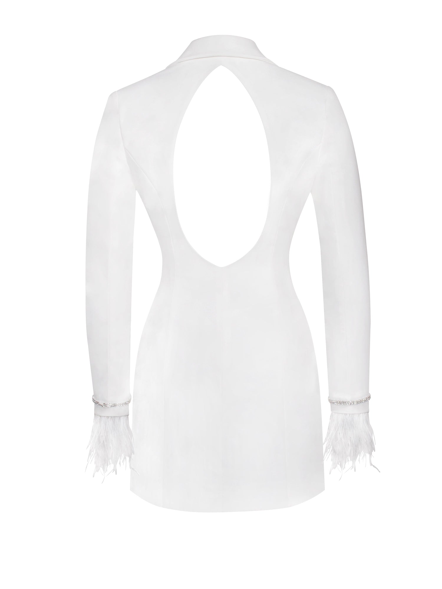 Quilla Feather Crystal Sleeve Backless Blazer Dress | White