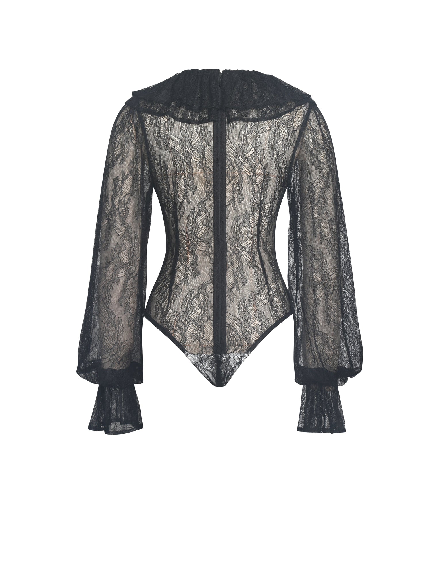 Taliah Sheer Lace Ruffled Collar Bodysuit | Black