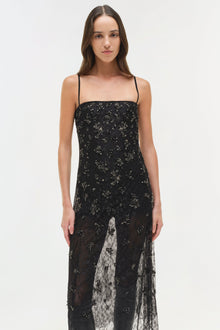 Black lace midi dress with embellished beading, thin straps, and front slit detail.