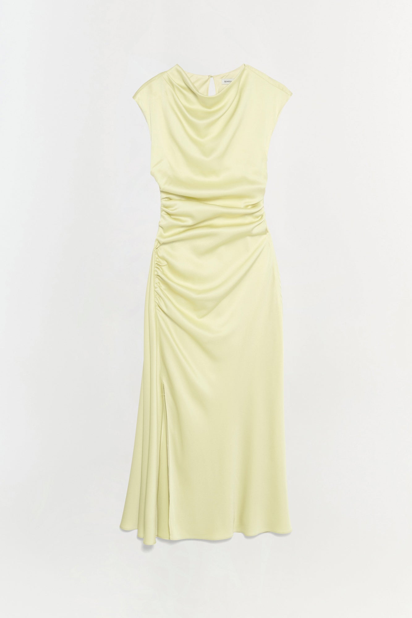 Pale yellow satin midi dress with cap sleeves, cowl neckline, and ruched side detail.