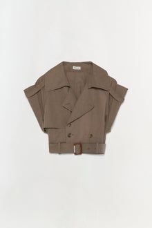 Taupe short-sleeve blazer with peaked lapels, double-breasted buttons, and brown buckle belt detail.