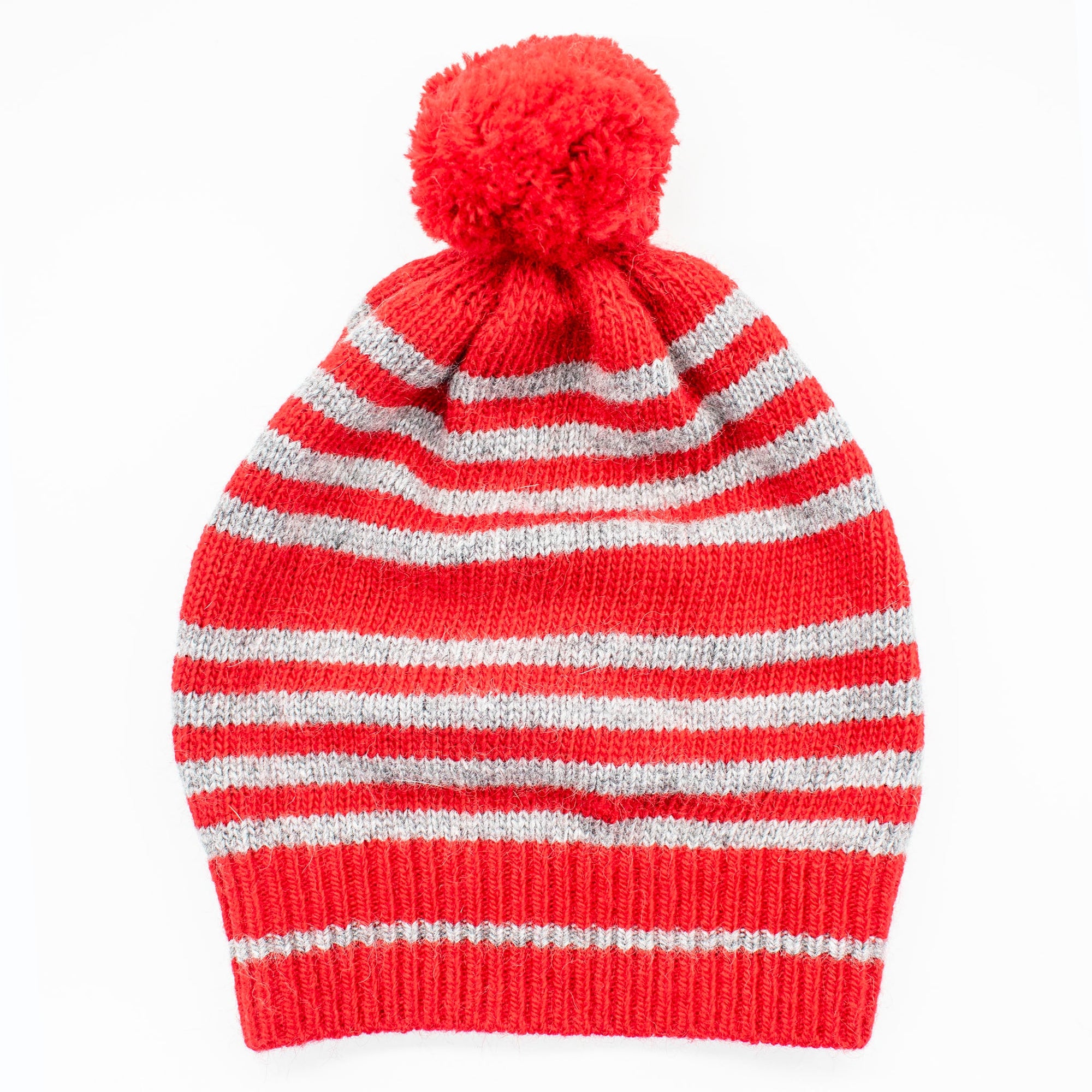 Kids Striped Slouchy Hat With Pom | Cherry/Grey