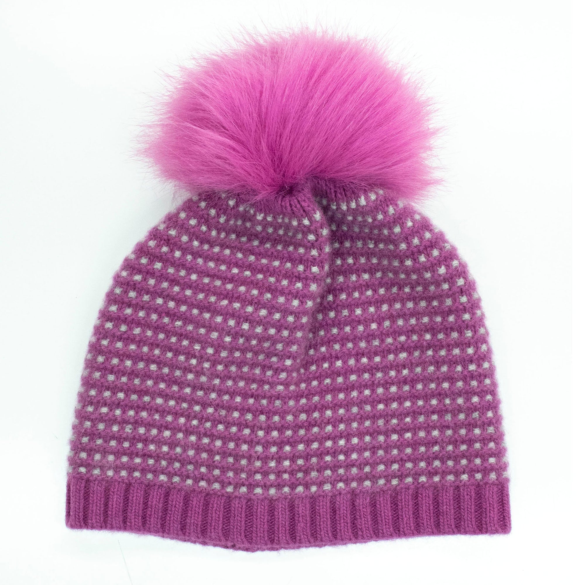 Cashmere Chunky Beanie In Fancy Stitch With Pom | Very Berry