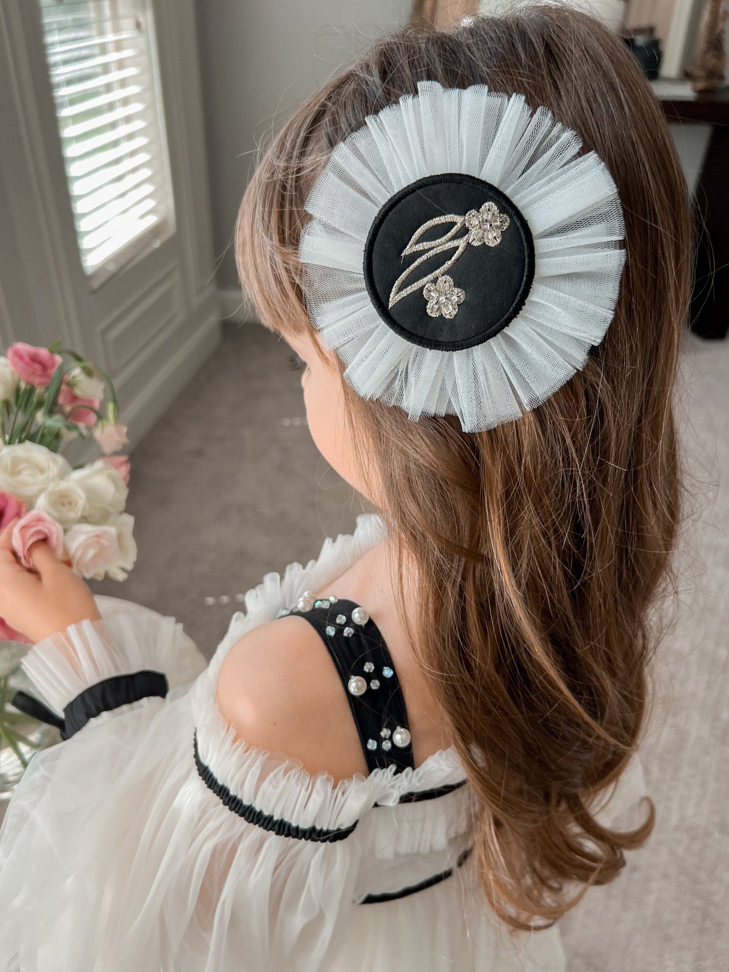 Aurora Embroidered White and Black Hair Clip | Black