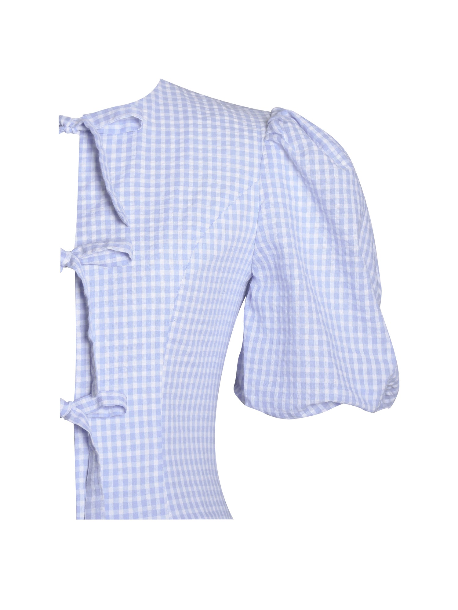 Qusayla Cotton Bubble Sleeve Bowtie Top | Baby Blue Gingham
