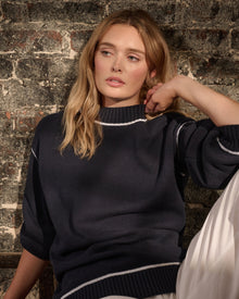 Womens | Cotton Oversized Mock Neck Sweater | Noir Navy/White