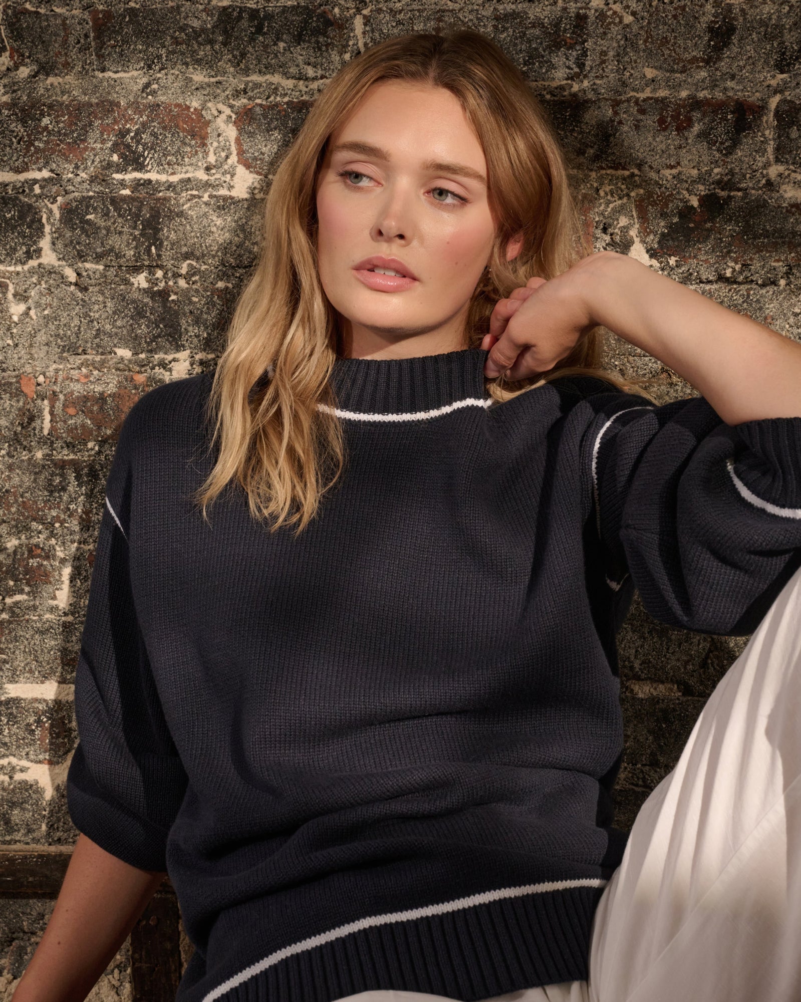 Womens | Cotton Oversized Mock Neck Sweater | Noir Navy/White