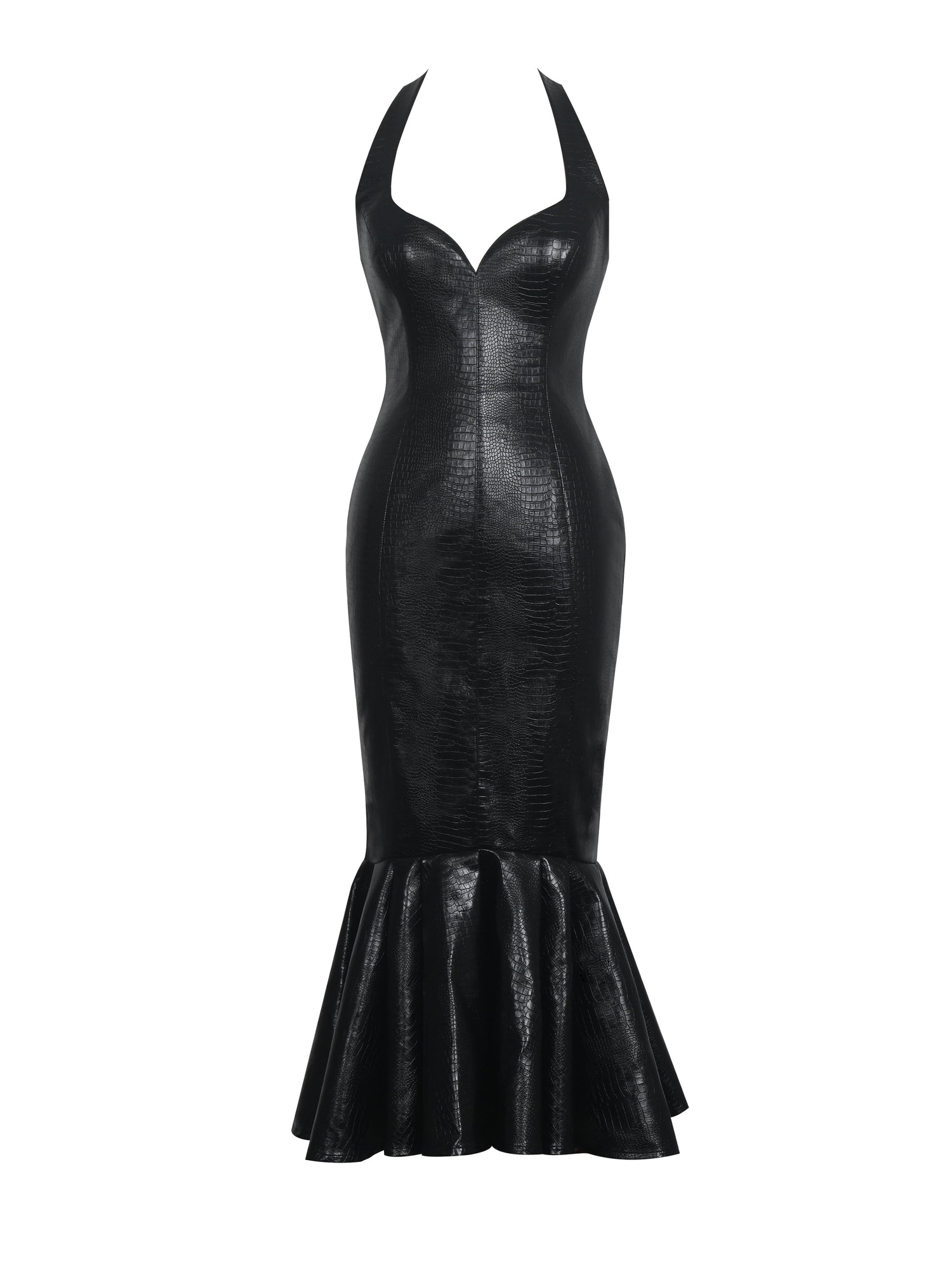 Gardenia Leather Midi Sweetheart Halter Flared Dress | Black