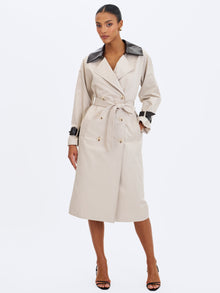 Umber Double-Breasted Faux Leather Lapel Trench Coat | Oyster