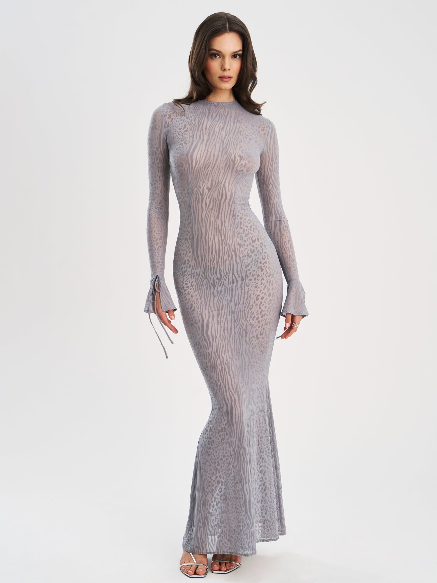 Waylynn Animal Print Burnout Velvet Detail Mesh Backless Maxi Dress | Gray