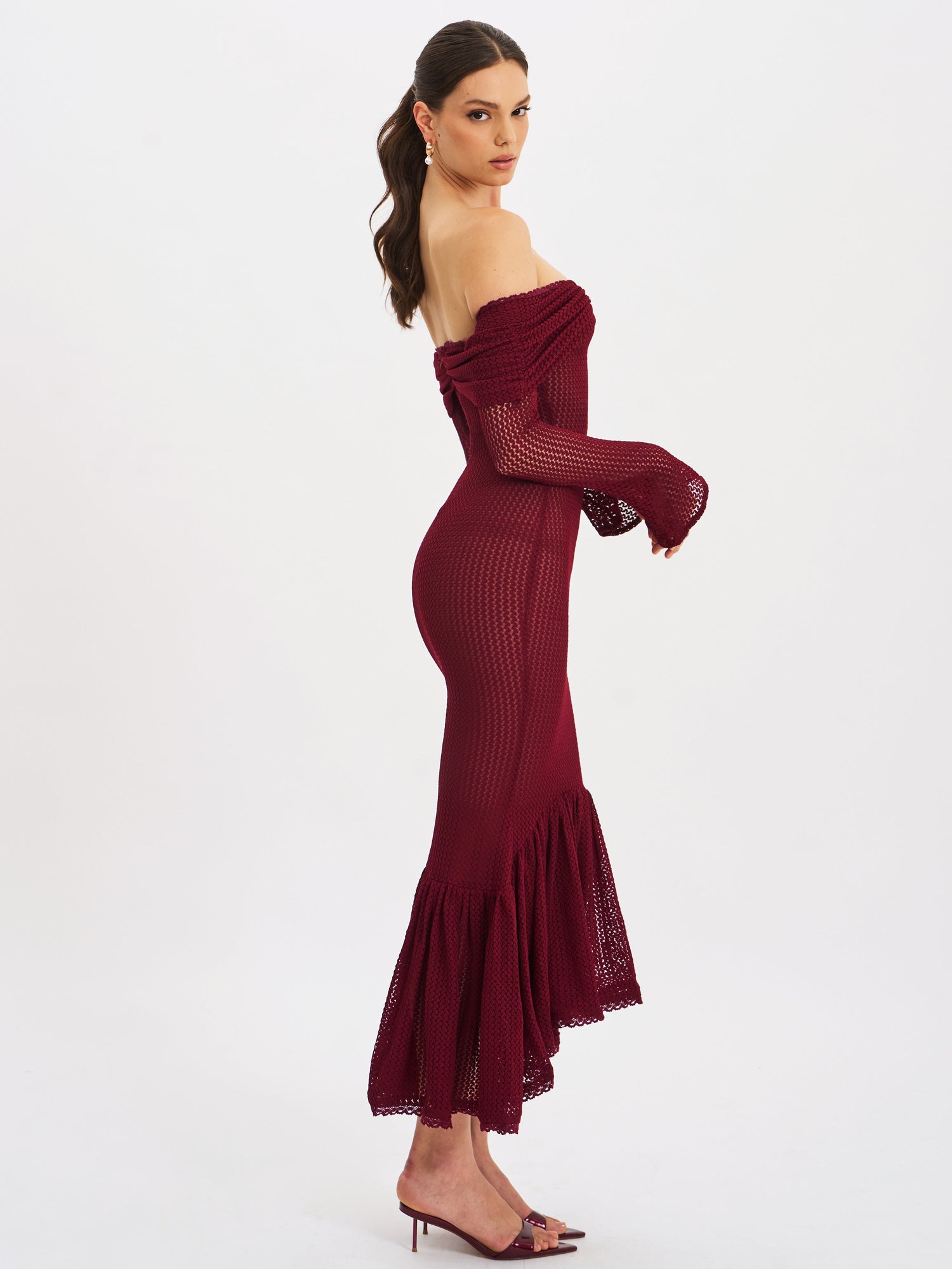 Kaedyn Off Shoulder Long Sleeve Crochet Mermaid Maxi Dress | Burgundy